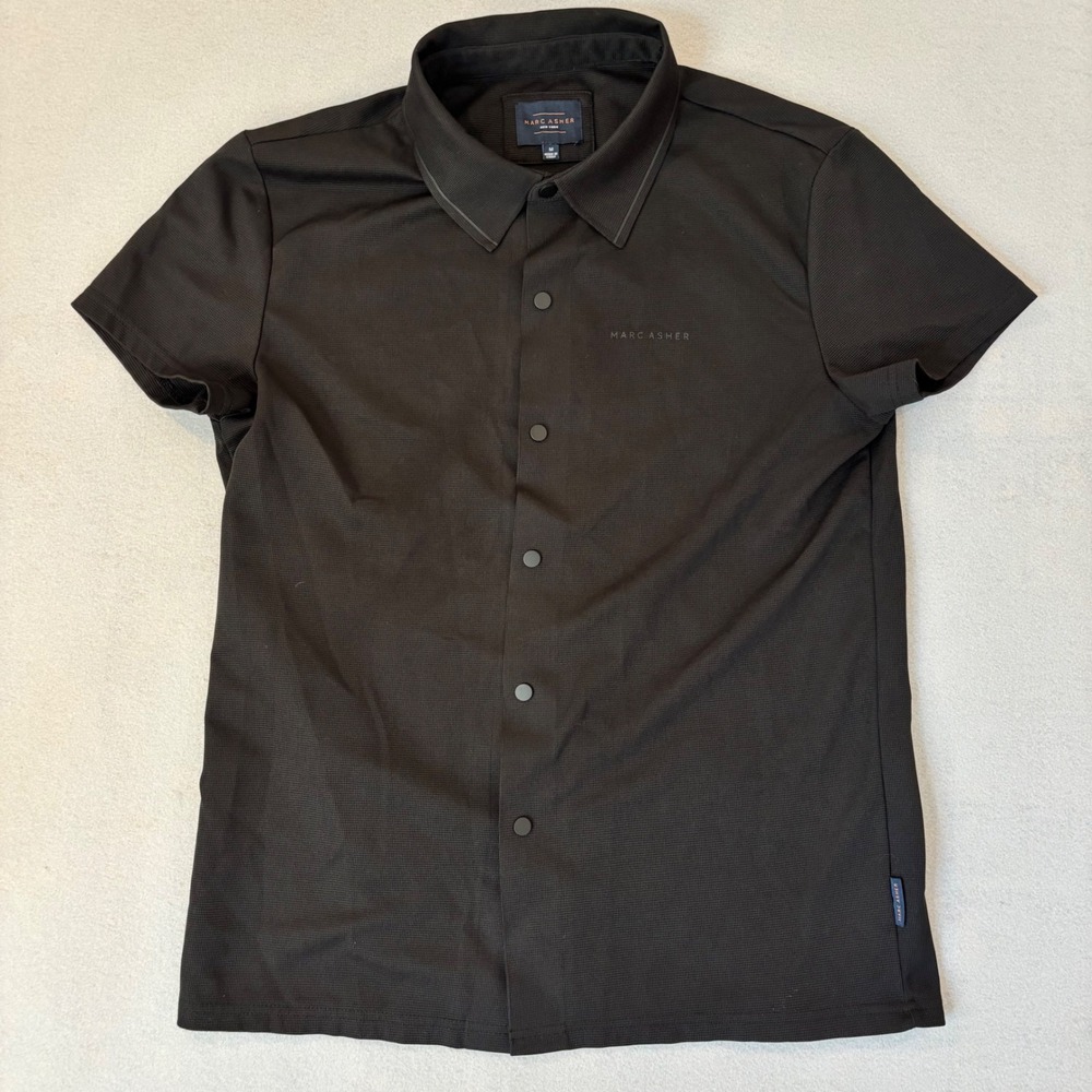 Marc Asher New York Mens Black Waffle Knit Snap Front Short Sleeve Shirt Medium